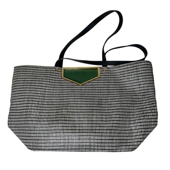 Calvin Klein Ashlynn Raffia Extra-Large Cut Out Hardware Tote Black White Green - Picture 1 of 10